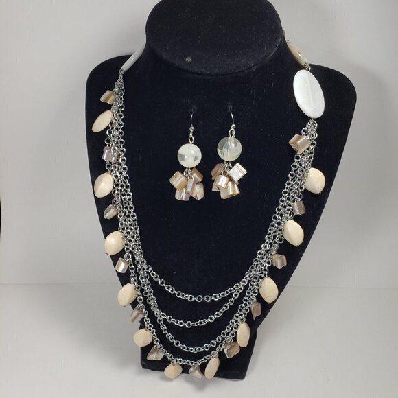 Polished Silver-tone Multi layers Beaded Long Necklace With matching Earrings - Picture 1 of 7